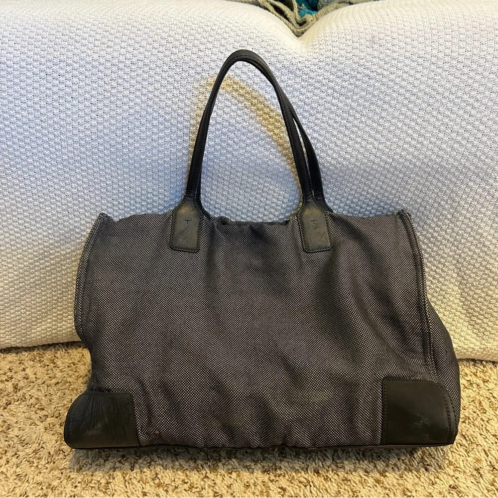 TORY BURCH Ella Two-Tone Black and Navy Textured Canvas Large Tote